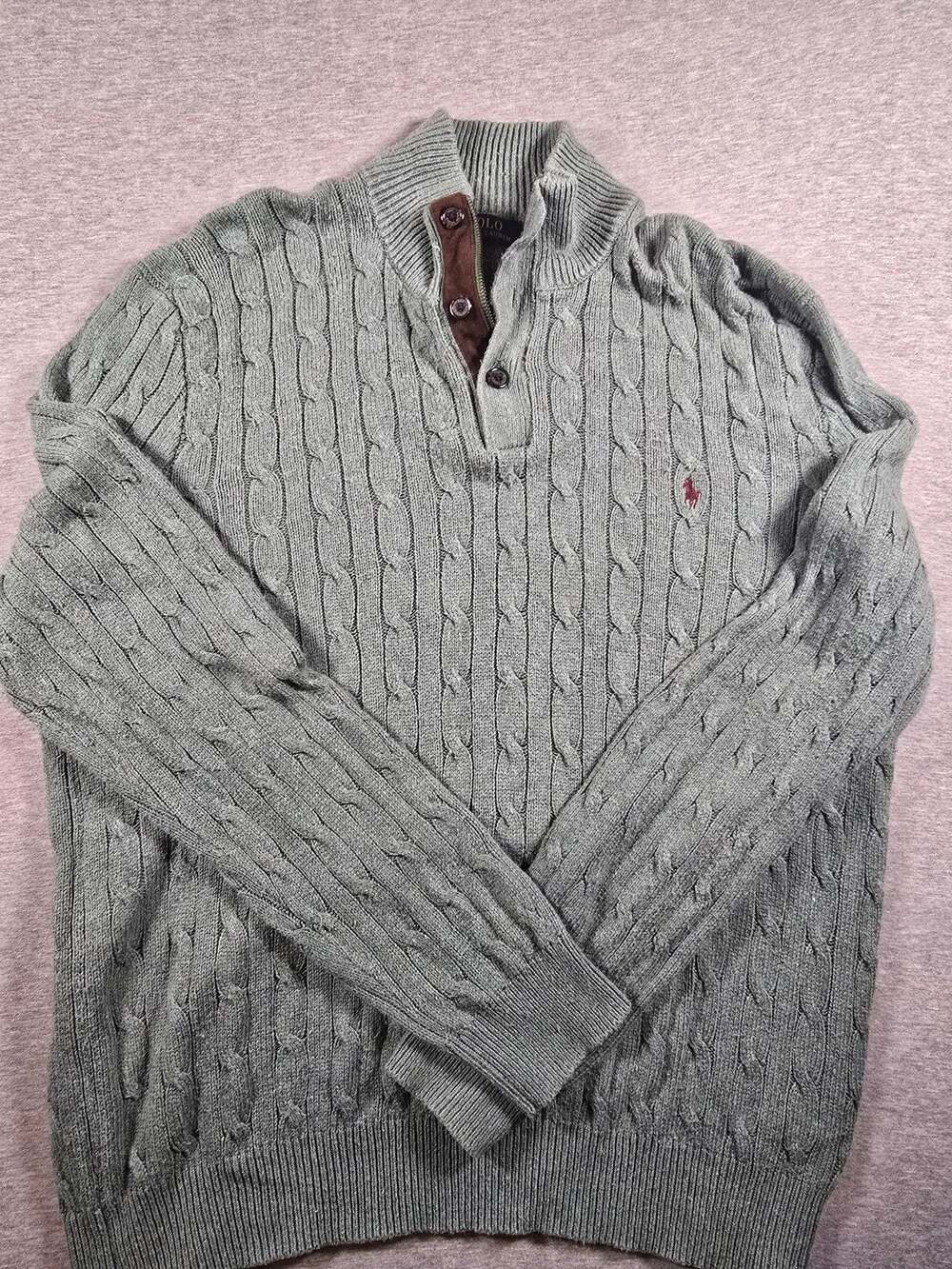 Polo Ralph Lauren Green Cable-Knit Button-Placket Mock Neck Sweater